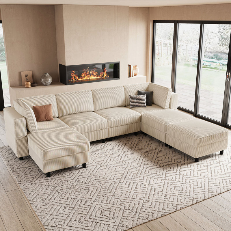 U Shaped Modular Sectional Sectional Sofa With Chaise & Ottoman, Beige Corduroy