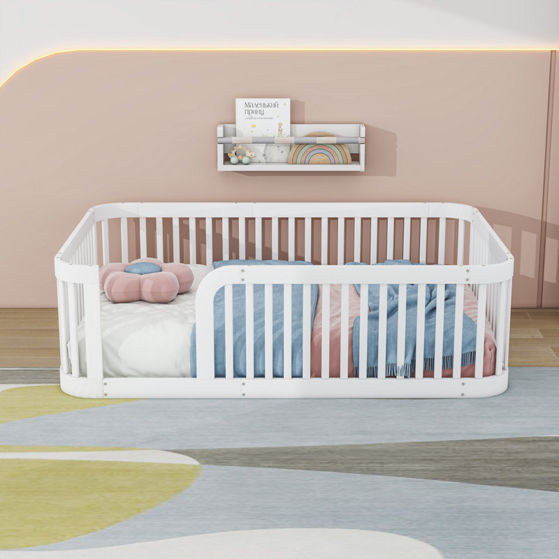 Wood Full Floor Bed Frame With Fence-Style Guardrails, White