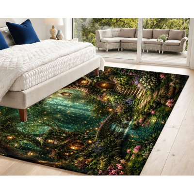 Tapis lavable à la machine avec motif de cabane dans les arbres en forêt magique et envers antidérapant, décor féerique de forêt illuminée et de nature, idéal pour le salon, la chambre, la salle de jeux, le bureau ou un appartement.