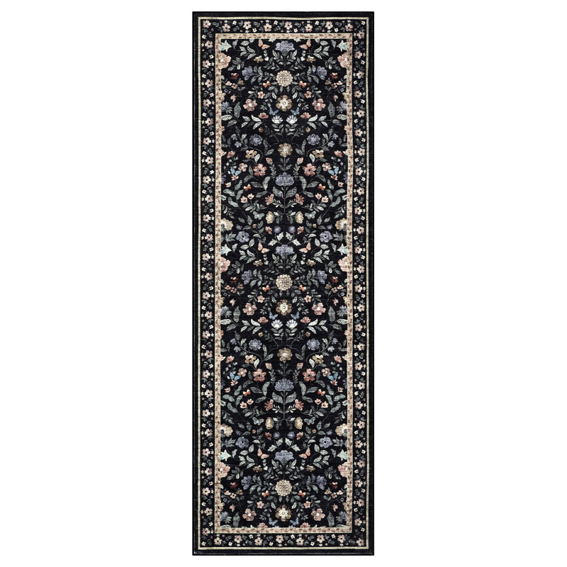 Washable Rugs Non Slip Area Rugs for Bedroom,Farmhouse Floral Carpets for Hallway,Dining Room,Bathroom,Nursery, Black