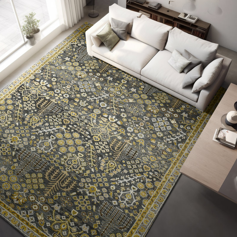 Hand Knotted Area Rug in Charcoal And Gold, Rectangle 6' x 9'