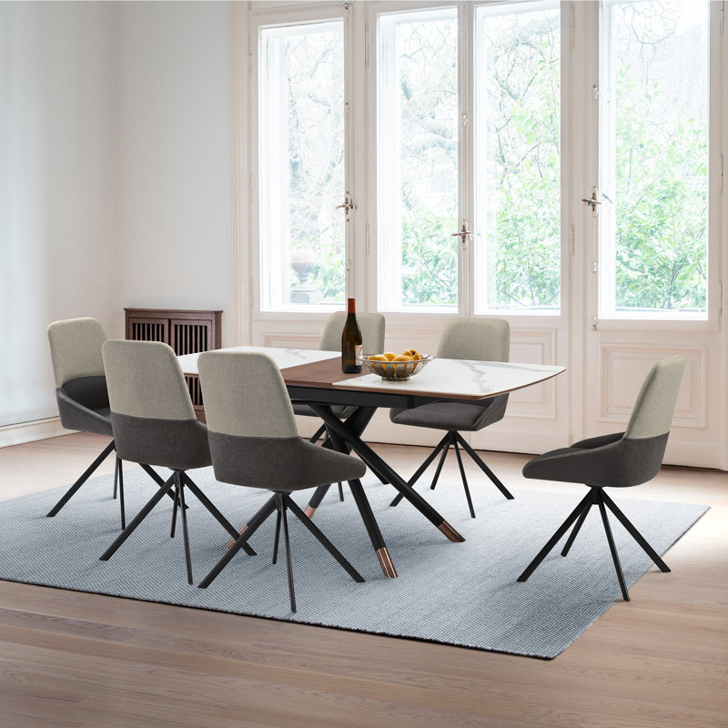 Aubreigh 7 Piece Modern Extendable Cross Legs Dining Set with Two-Tone Grey Fabric Chairs