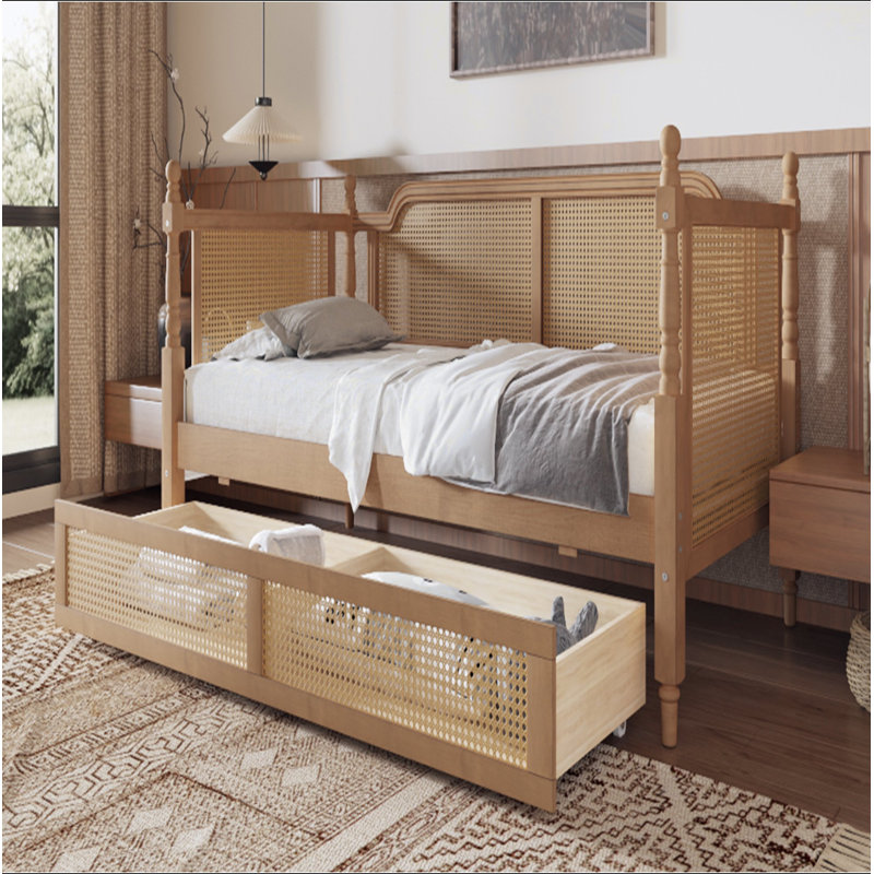 Lit de jour en rotin de style traditionnel avec 2 tiroirs pour un espace limité, chambre d'amis, aucun sommier nécessaire (matelas non inclus)