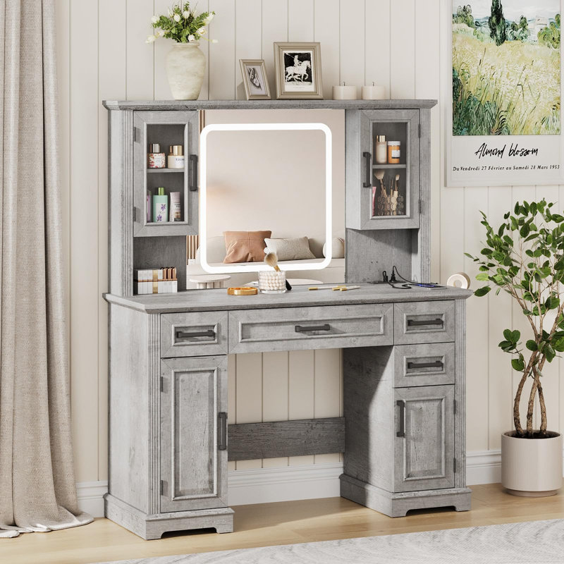 Farmhouse Vanity Desk With Mirror And Lights, Gray