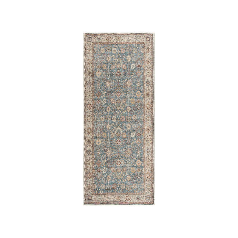 Tapis oriental lavable à la machine en bleu / crème, Tapis de couloir 2 pi 2 po x 7 pi 6 po