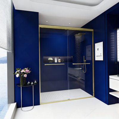 Double porte de douche coulissante, porte de salle de bain semi-sans cadre avec cadre en aluminium