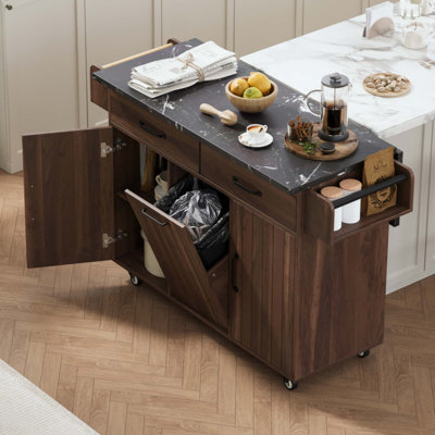 Îlot de cuisine avec rangement inclinable, chariot de cuisine roulant avec abattant, tiroirs, porte-épices et serviettes, tablettes réglables