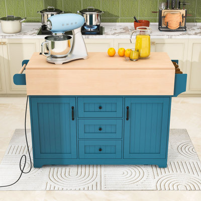 Rolling Expandable Kitchen Island with 2 Drop Leaf, Built-In Power Outlets and Storage Cabient
