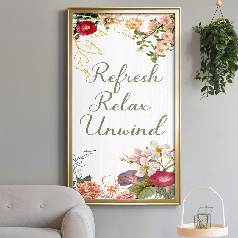 «Refresh, Relax, Unwind» - Reproduction d'art textuel sur toile encadrée, Doré, H 10,5 po x l 18,5 po x P 1,5 po