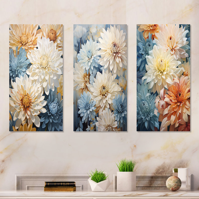 Minimalisme «Blooming Mums», ensemble de 3 reproductions d'art sur toile - Beige et bleu, Toile tendue, H 32 po x l 48 po