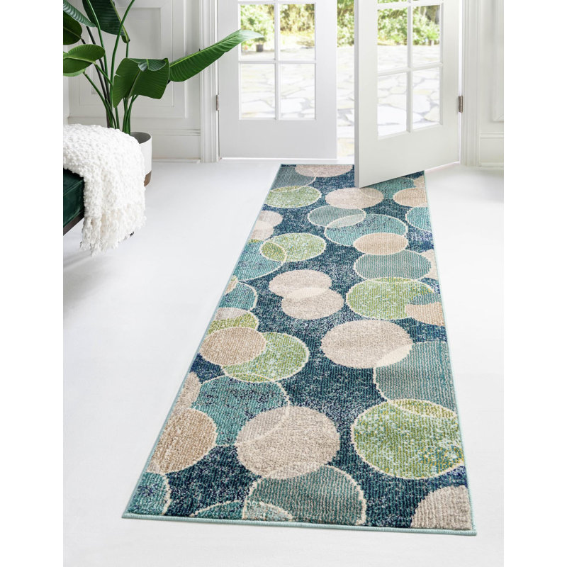 Tapis bleu marine / beige / vert à pois Dews, Tapis de couloir 2 pi 7 po x 10 pi