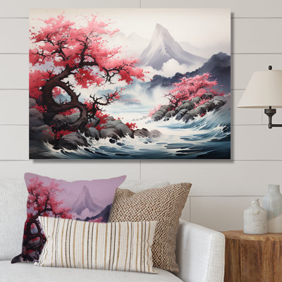 Rose, montagne du Japon, printemps, fleurs de cerisier I - Japon, art mural