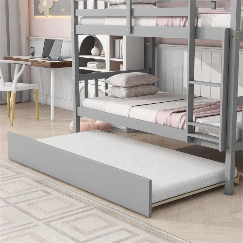 Lit superposé convertible simple au-dessus de simple Neutre gris, lit en bois d'hévéa massif avec gigogne et échelle, Gris