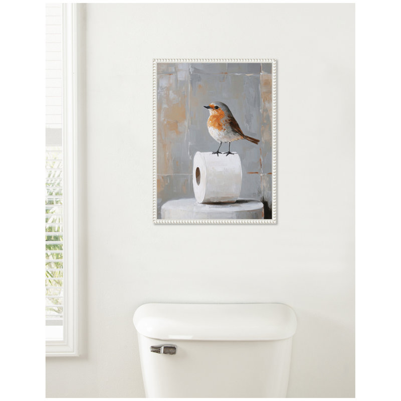 Oiseau debout sur un rouleau de papier toilette, art de salle de bain par The Creative Bunch Studio, reproduction d'art sur toile encadrée