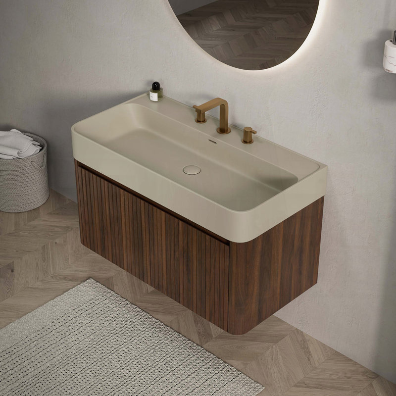 Meuble-lavabo flottant avec meuble-lavabo intégré à surface solide blanc brillant et grain de bois noyer