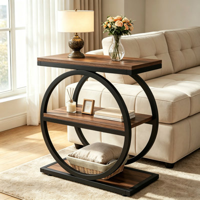 Slim 3-Tier End Table, Sofa Side Table with Round Metal Frame