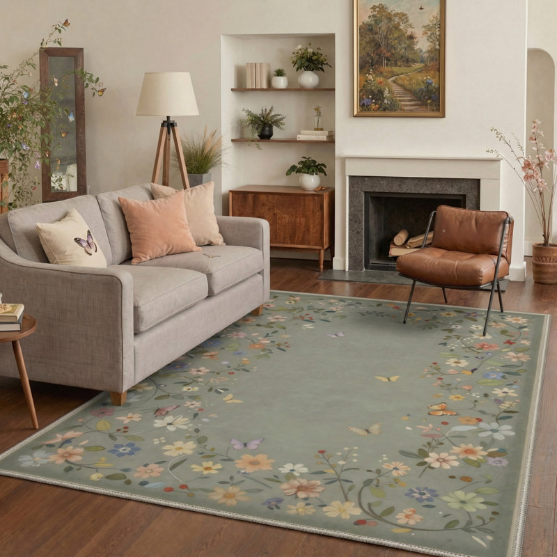 Alameda Aura Floral Machine Washable Green / Yellow / Pink Indoor Area Rug with Non-Slip Backing, Rectangle 6' x 9'