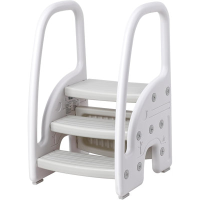 Toddler 3 Step Stool, Kids Standing Tower with Secure Side Handles, Gray Plastic Learning Helper, for Kitchen Counter, Bathroom Sink & Potty Training