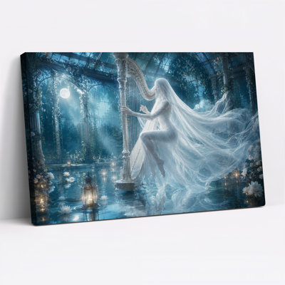 Femme fantôme jouant de la harpe au clair de lune, art mural sur toile d'Halloween