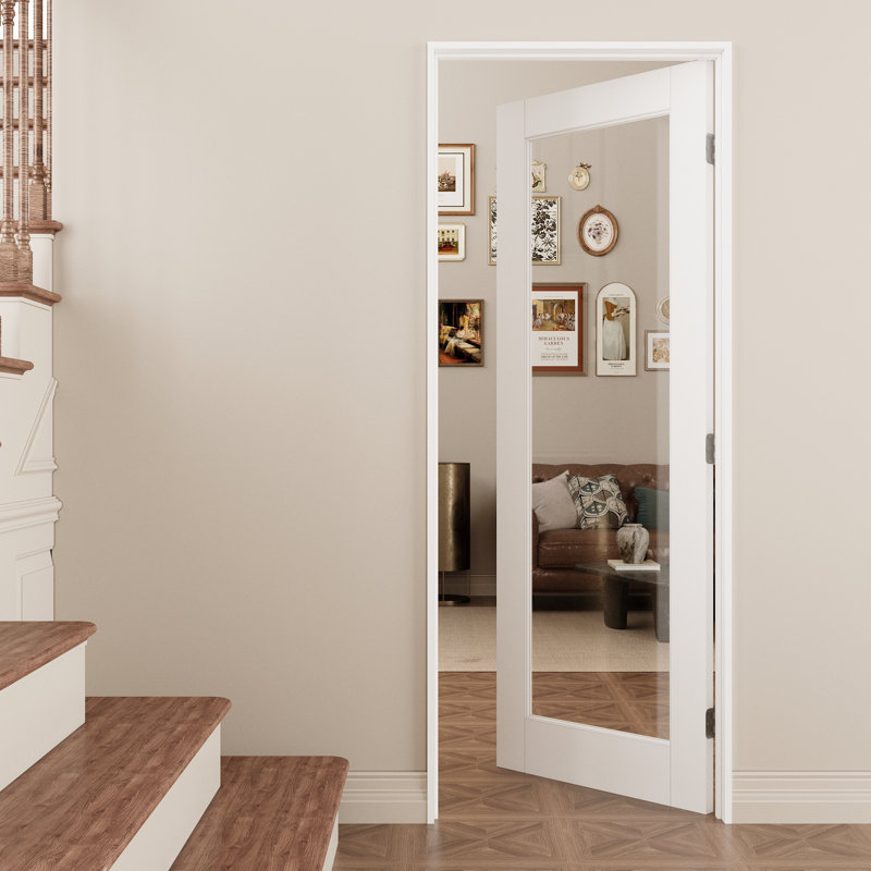 Intérieur 1 porte en verre transparent, porte pré-montée en panneau de fibres à densité moyenne CARB P2 avec verre trempé certifié SGCC, avec trousse de joint, bande d'étanchéité, charnières argentées et ouverture à droite, teinture pré-finie et facile à bricoler, garde-manger, chambre à coucher, salle de bain et garde-robe, 28 "x 80"