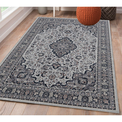 Tapis traditionnel gris anthracite tissé à plat tissé à la machine avec envers antidérapant Emanuel 