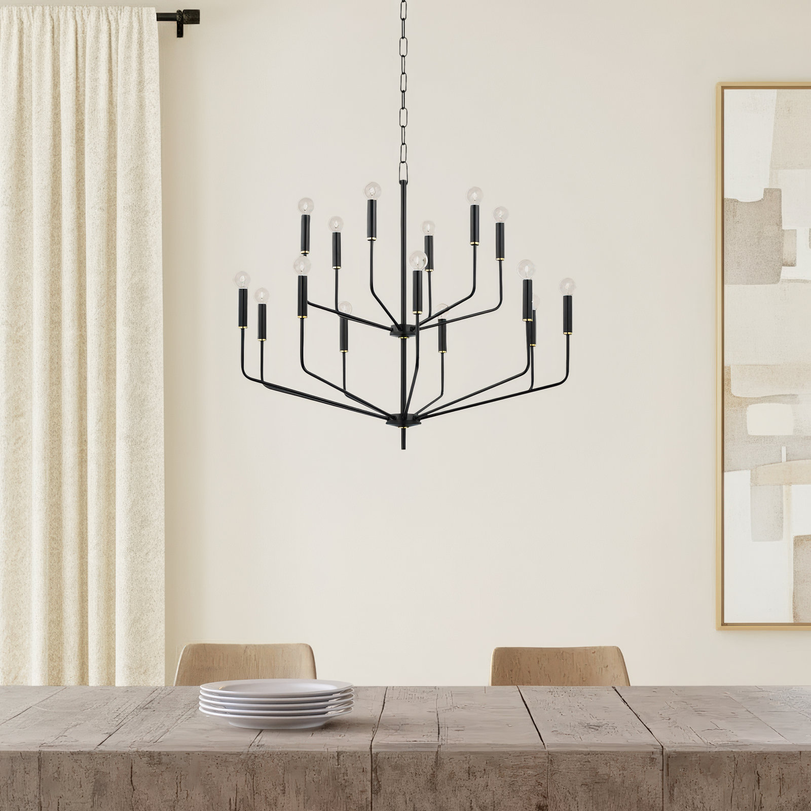 15 - Light Tiered Chandelier, Aged Brass/Soft Black