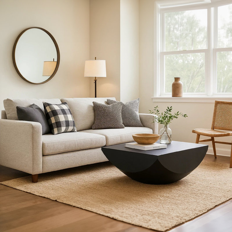Joanie Coffee Table | 36" Square Top | Handcrafted Matte Black Mango Wood | Rounded Drum Base