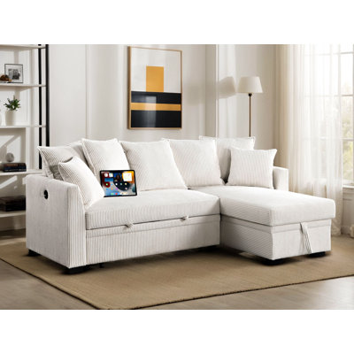 Shariff Corduroy Upholstered Sleeper Sectional Sofa Couch Pull Out Sofa Bed with Reversible Storage Chaise , USB Ports , 7 Pillows