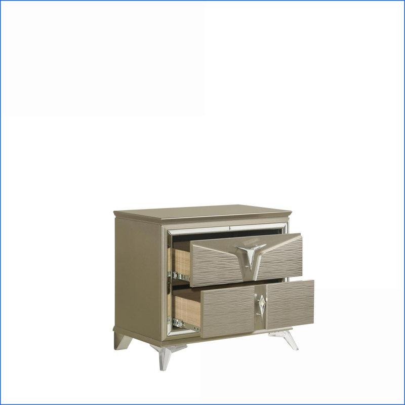 Table de chevet moderne à 2 tiroirs en bois avec accents en miroir