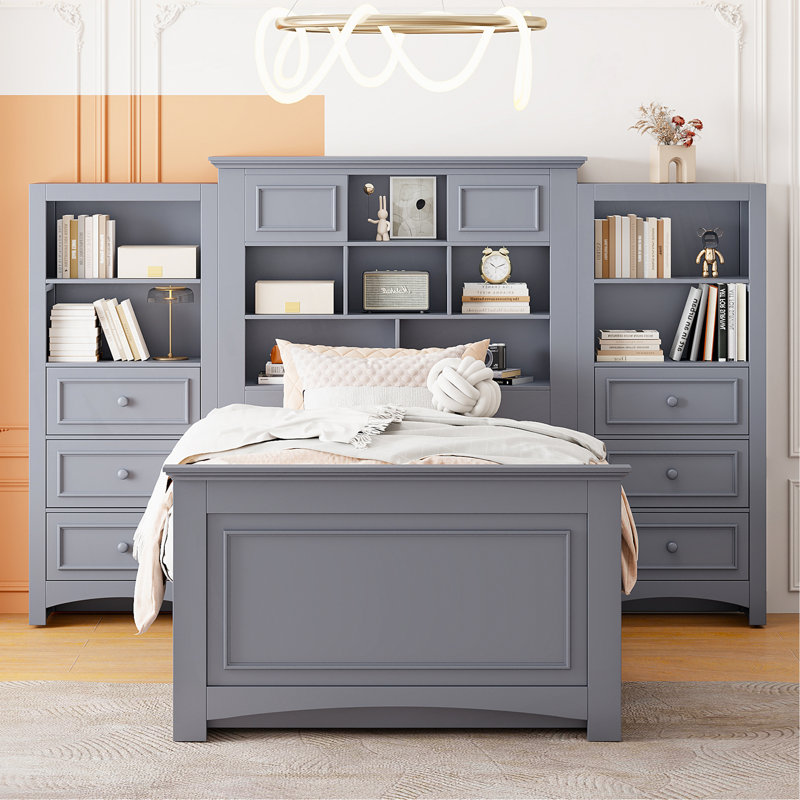Lit plateforme simple en bois avec armoire verticale tout-en-un et 4 tiroirs de chaque côté, gris