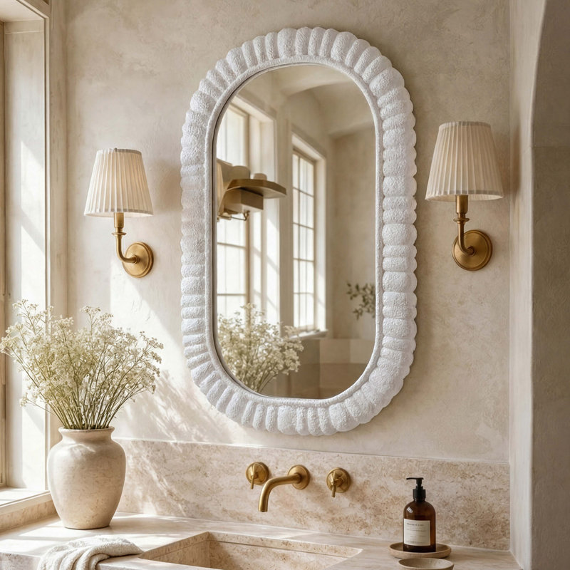 24"x36" Oval Scalloped Wall Mirror, White Textured MDF Framed Silver Bathroom Vanity Mirror, Wabi-Sabi Petal Frame Decorative Wall Mirror, Vertical Mount Easy Installation
