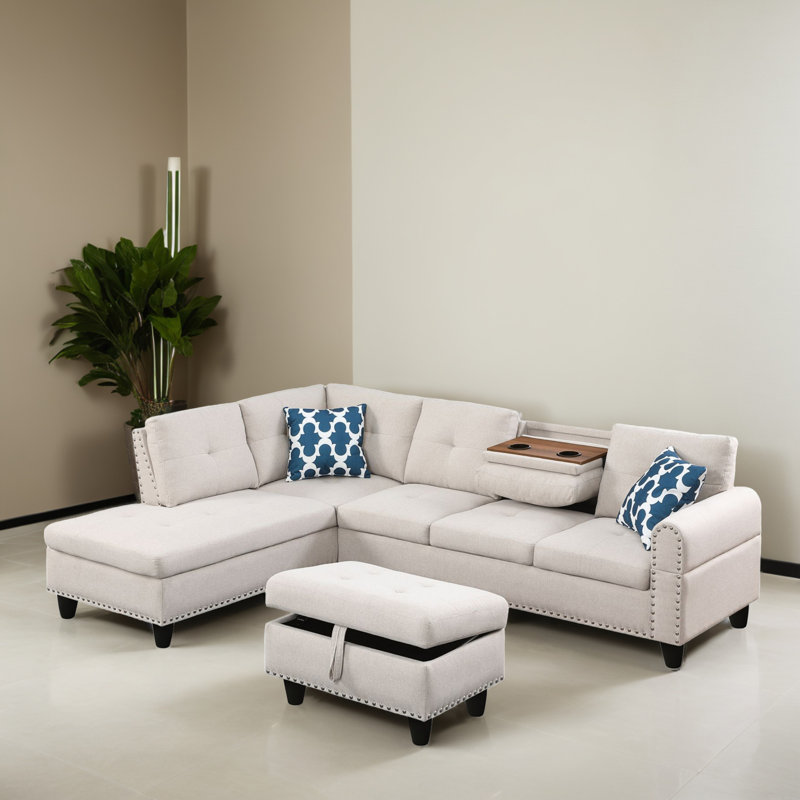 Canapé modulaire 3 pièces faisant face à la gauche avec repose-pieds, Lin beige
