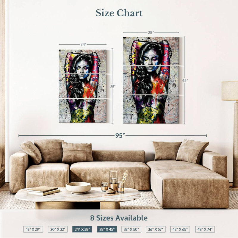 Portrait de femme grunge sur toile, ensemble de 3 pièces, H 38 po x l 24 po x P 1,25 po