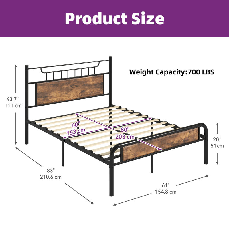 Rustic Wood Vintage Platform Bed Frame With Headboard No Box Spring Needed, Queen