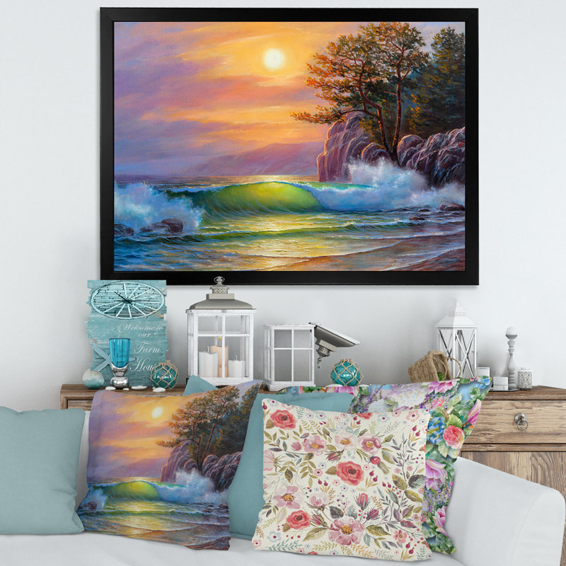 «Morning Sun on Sea Waves» par les pins - Peinture sur toile, H 16 po x l 32 po x p 1 po, Cadre photo noir