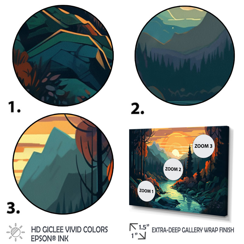 «Vibrant Forest with Sunrise III» - Impression, H 24 po x l 32 po x P 1 po, Cadre photo noir