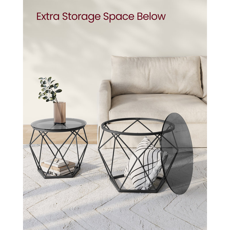 Round Coffee Tables For Living Room, Set Of 2 Side Tables, Different Sized, Modern Style, Removable Tabletop, Steel Frame, Slate Grey And Ink Black
