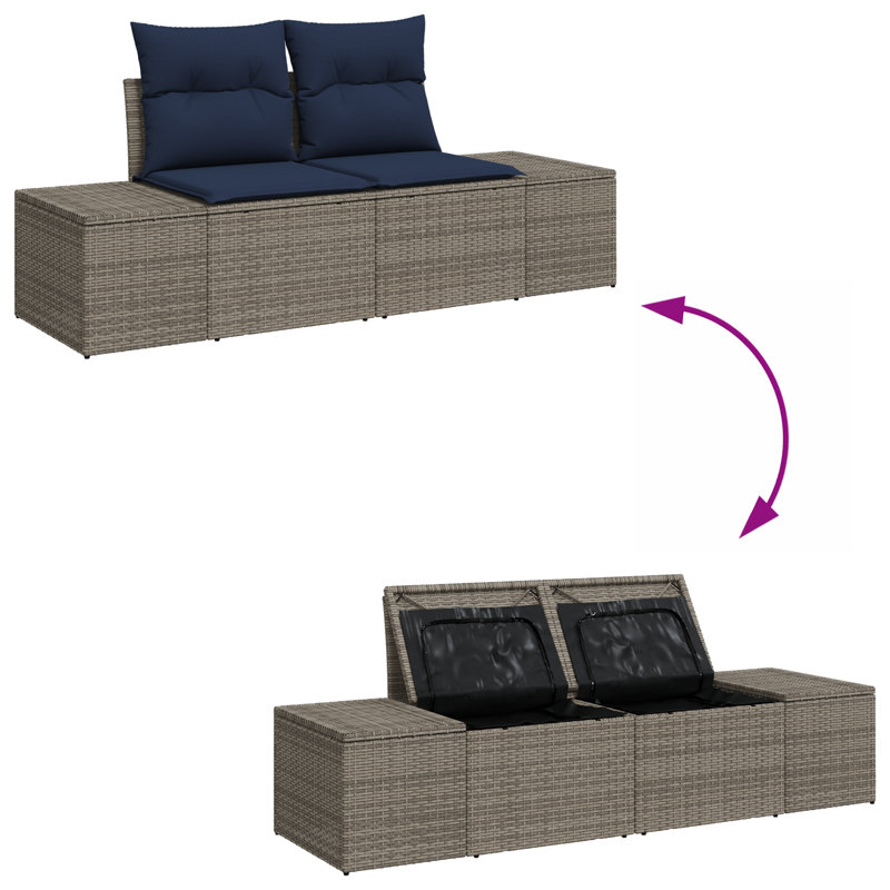  2-Seater Garden Sofa With Storage & Cushions Grey Poly Rattan, Gray