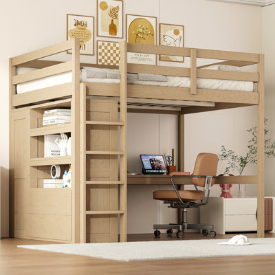 Wood Full Size Loft Bed with Built-in Wardrobe, Desk, Storage Shelves and Drawers