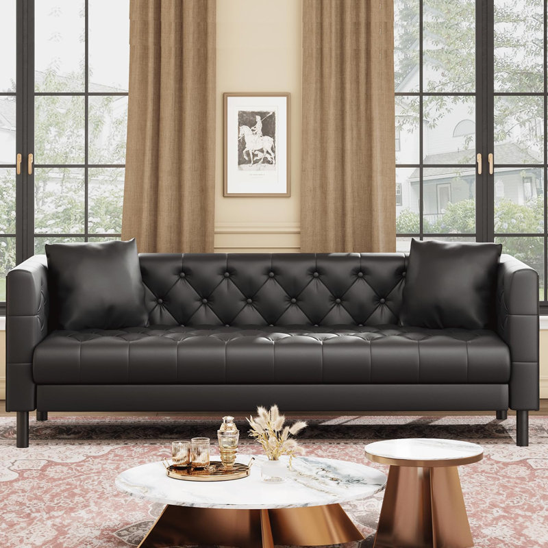 Canapé Chesterfield 81 pouces en cuir capitonné 3 places, noir