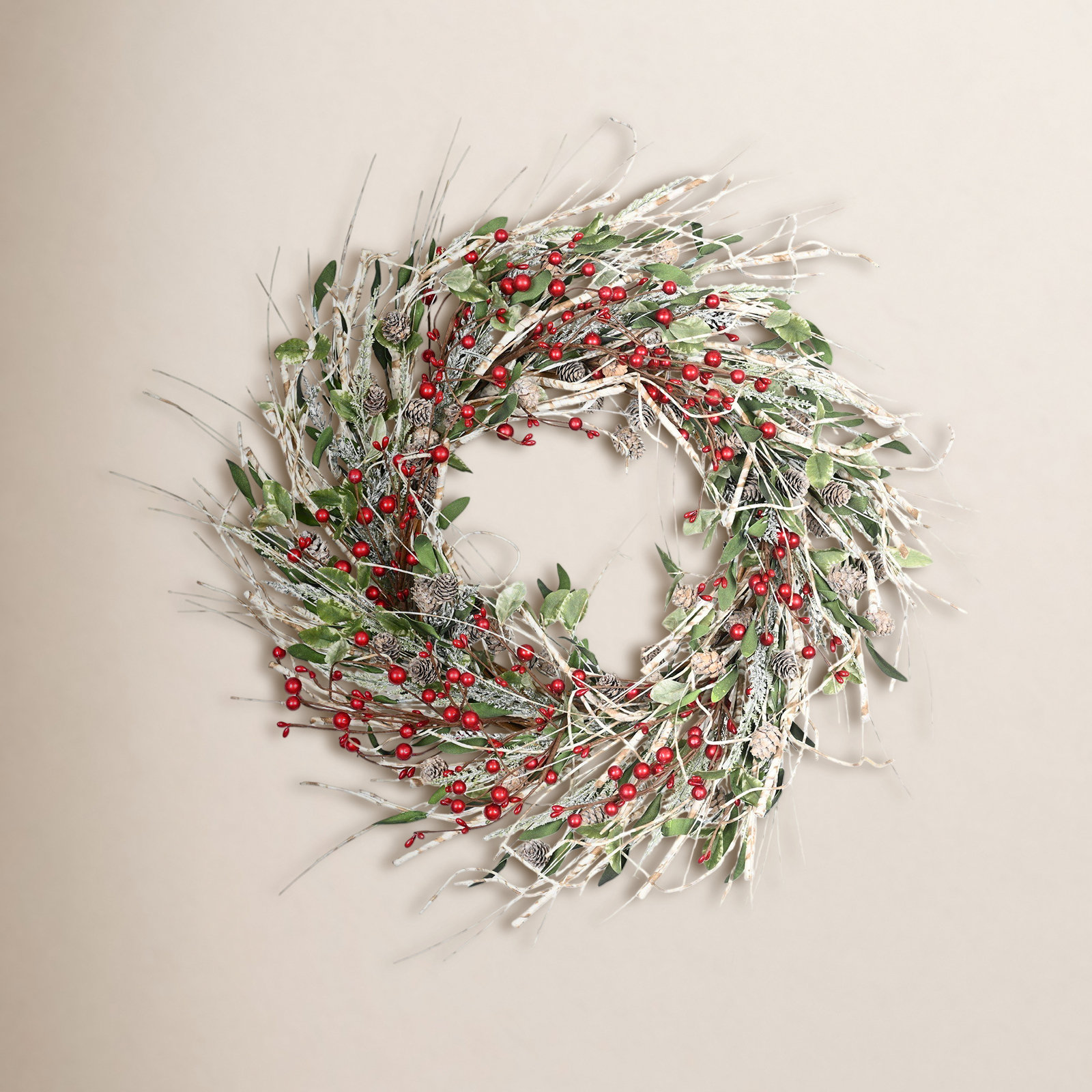 24" Handcrafted Birch Pinecone Christmas Wreath, Red/Green