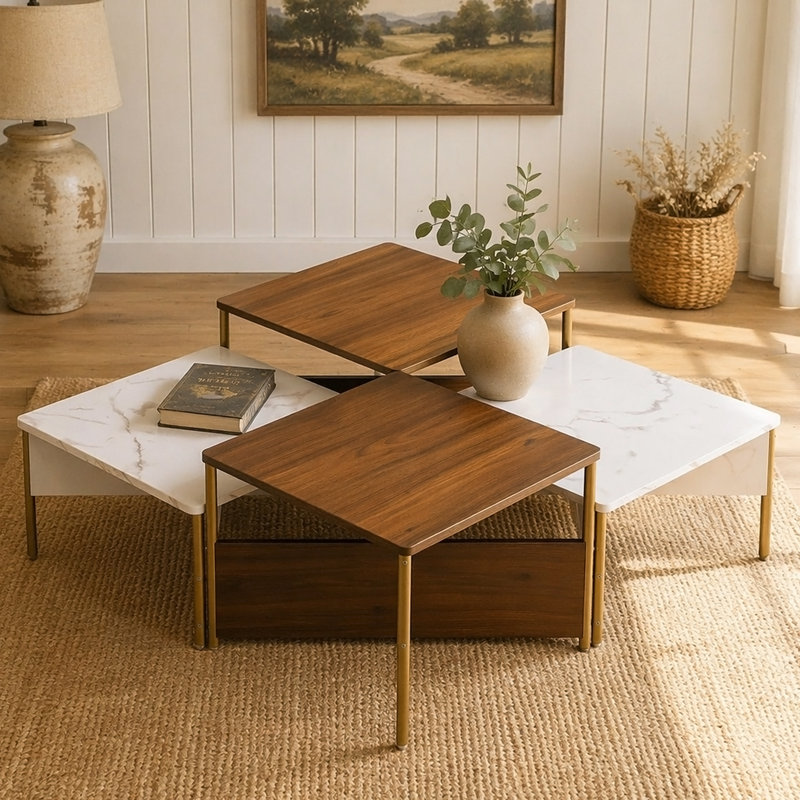 Ensemble de quatre tables gigognes polyvalentes et modernes, de forme ajustable, idéales pour diverses configurations et fonctions de salon
