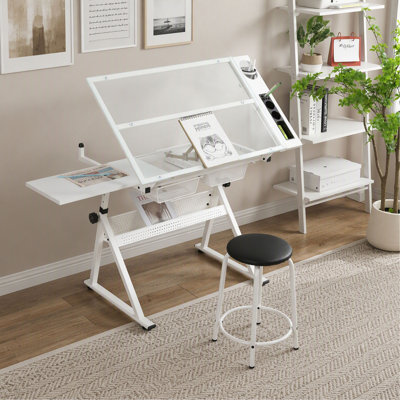 Adjustable Tempered Glass Drafting Table with Chair, Printing & Drawing Desk