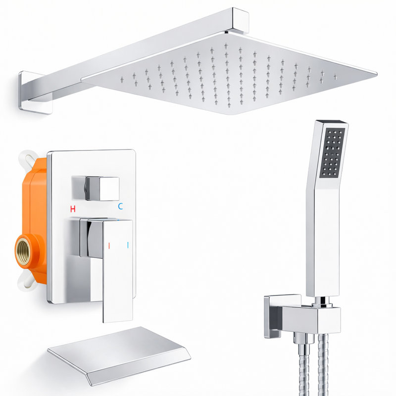 Complete 10" Rain Shower System With Waterfall Tub Spout - Chrome Wall Mounted Shower Faucet Set With Handheld Spray And Rough-In Valve
