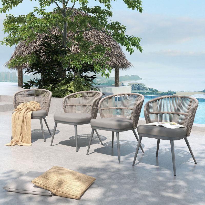 Chaises de salle à manger d'extérieur en osier avec coussins, Gris / Gris