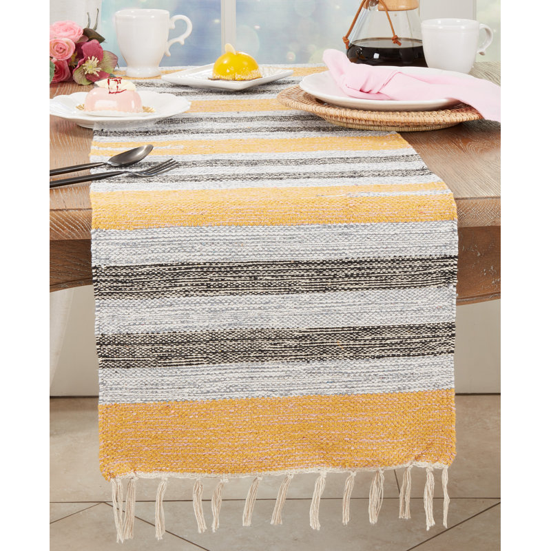 Textured Striped Table Runner With Fringe Detail