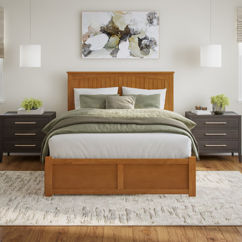 Nantucket Solid Wood Platform Bed with Panel Footboard and Trundle, Light Toffee, Queen