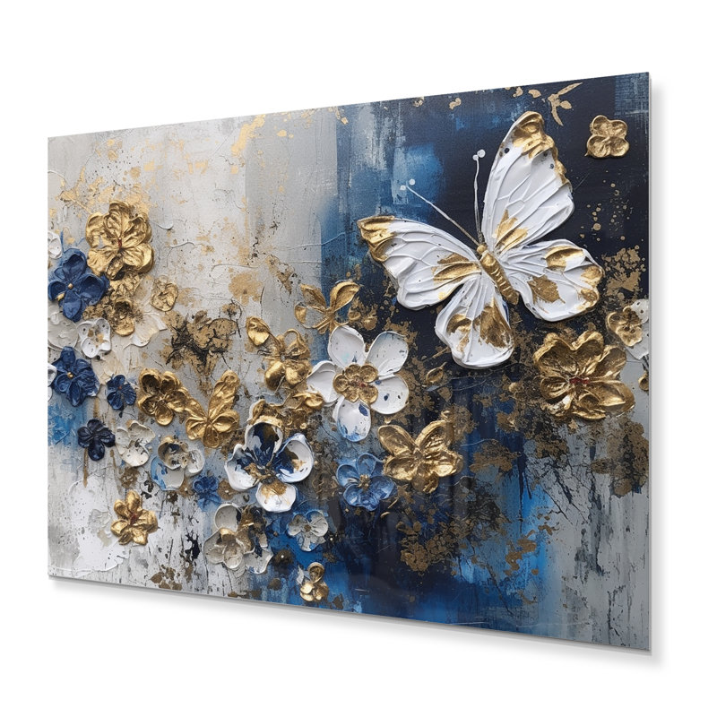 Ailes de papillon doré bleu et fleurs I - art mural floral en métal, H 30 po x l 40 po x P 1 po