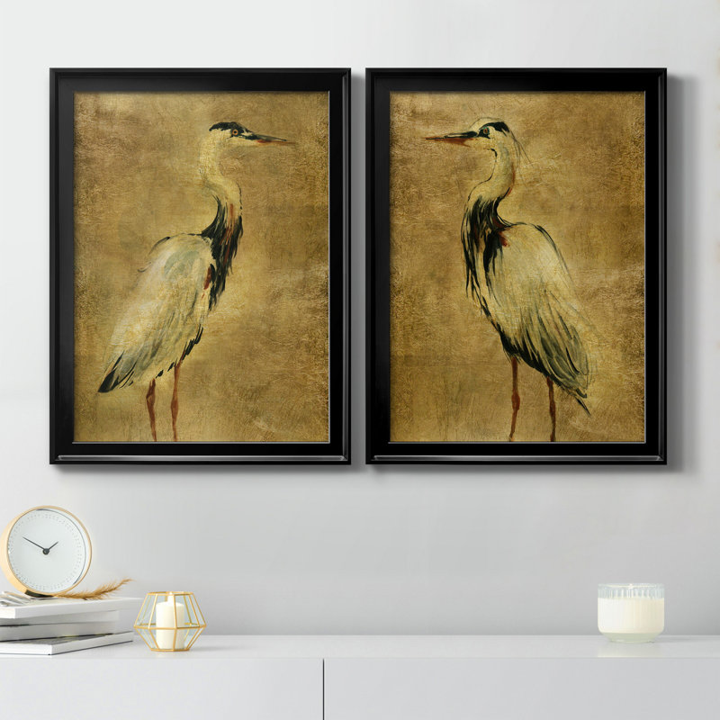 «Gold Crane at Dusk I», ensemble de 2 reproductions d'art sur toiles, Toile encadrée, H 18,5 po x l 49 po x P 1,5 po, Doré