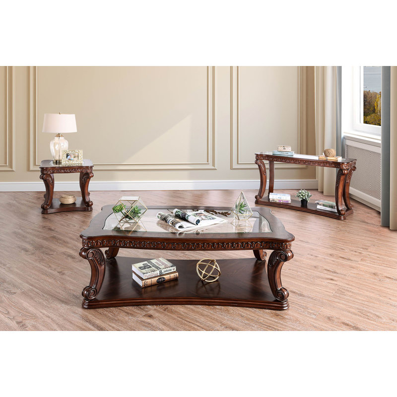 Tata Rectangular Glass Top Solid Wood End Table